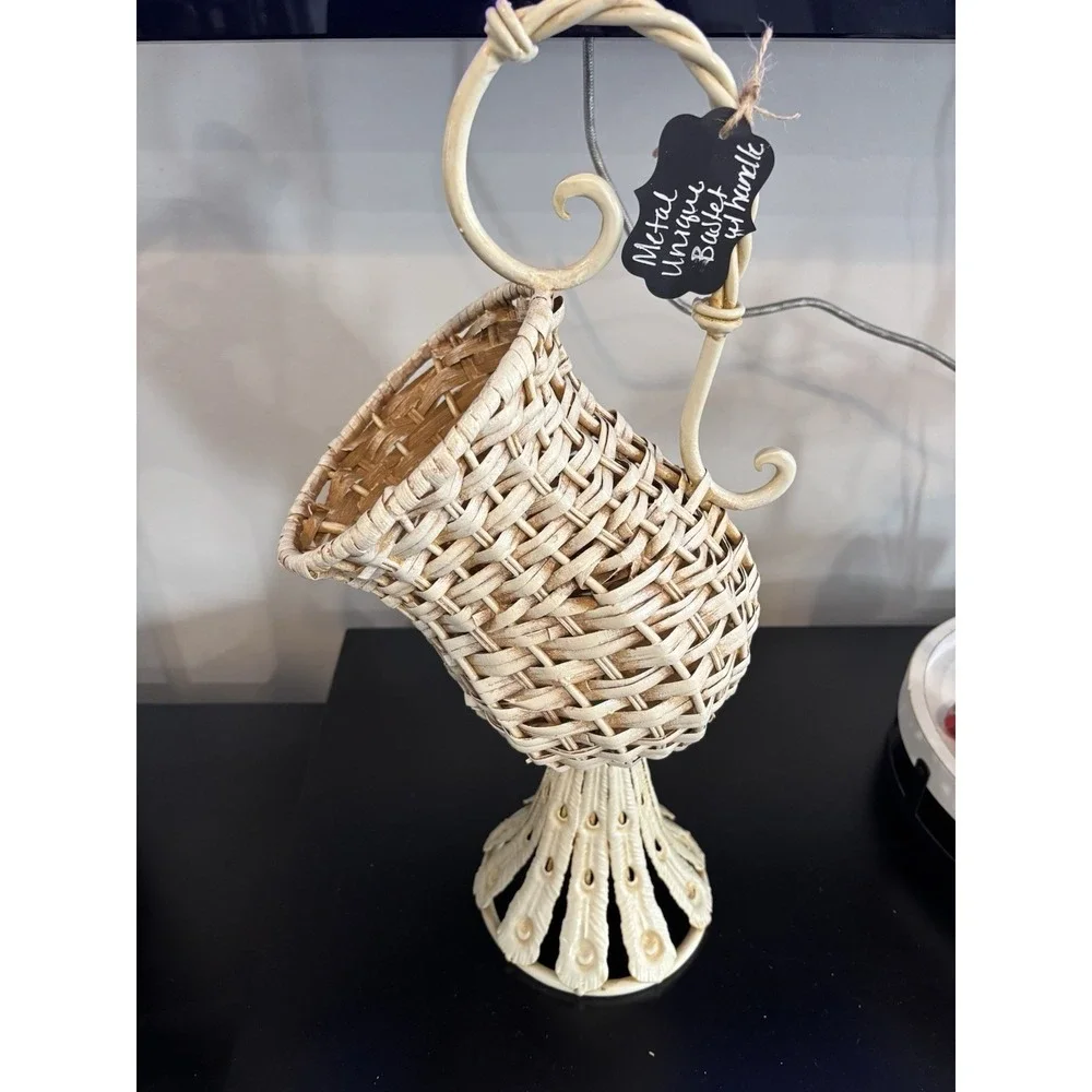 off white Metal Unique Basket With Handle Approximately 19.5